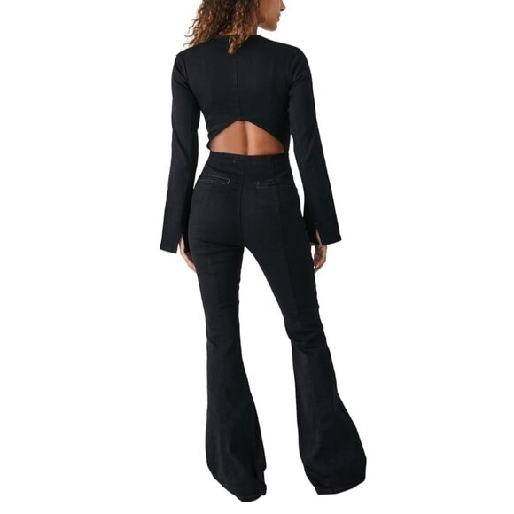 Free People Karly Jumpsuit Night Rider MD Long Sleeve Open Back Flare Leg Denim - Picture 2 of 14